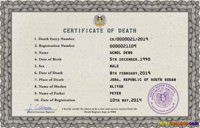 South Sudan death certificate